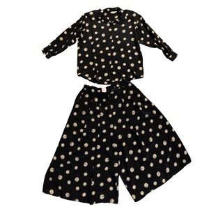 Vintage Tan Jay bohemian Gypsy culotte Black coin Button Up Shirt Wide Leg set